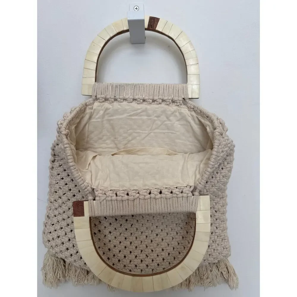 Cleobella 2010s Cream Macramé Cotton Tote Wooden Handle Boho Bag